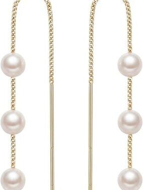 Threader Earrings Women Pearl Opal Dangle Chain 14K Gold Plated Hypoallergenic